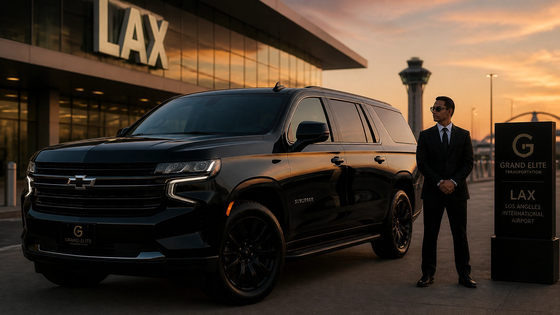 Professional chauffeurs and luxury SUV at LAX Airport